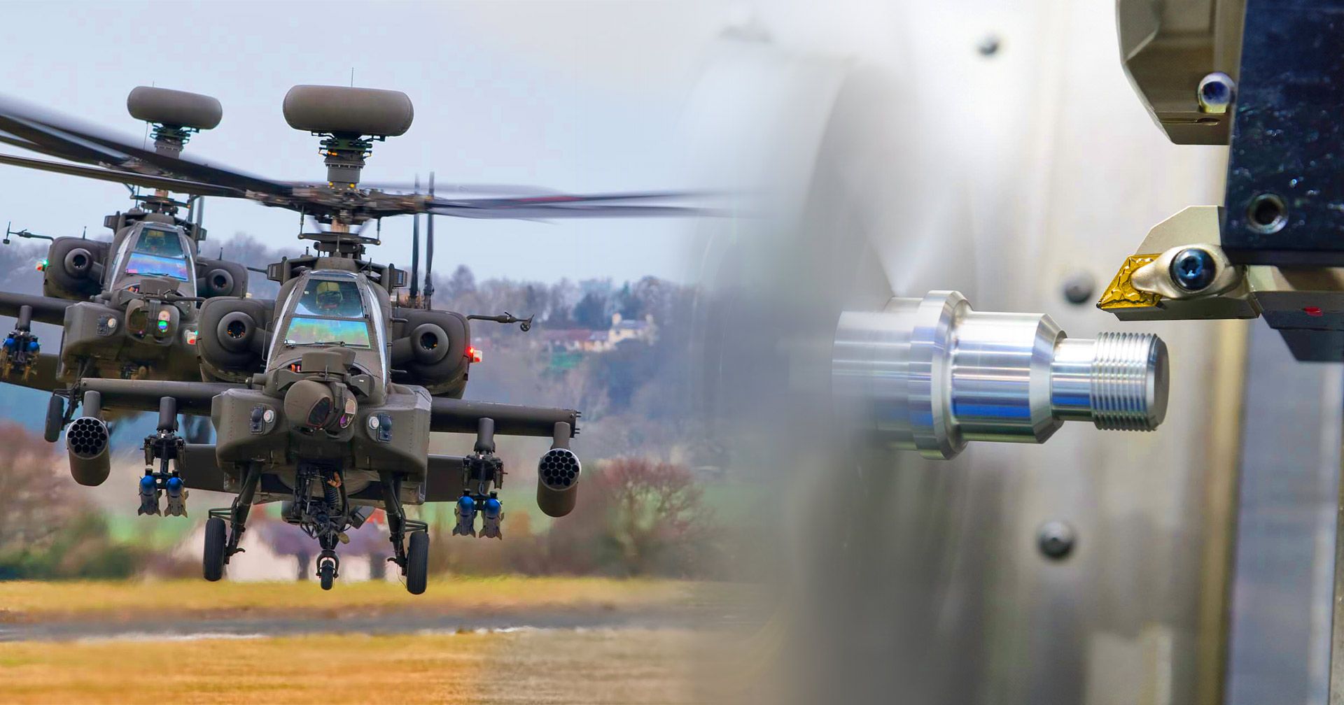 Photo of helicopters and a precision manufacturing machine