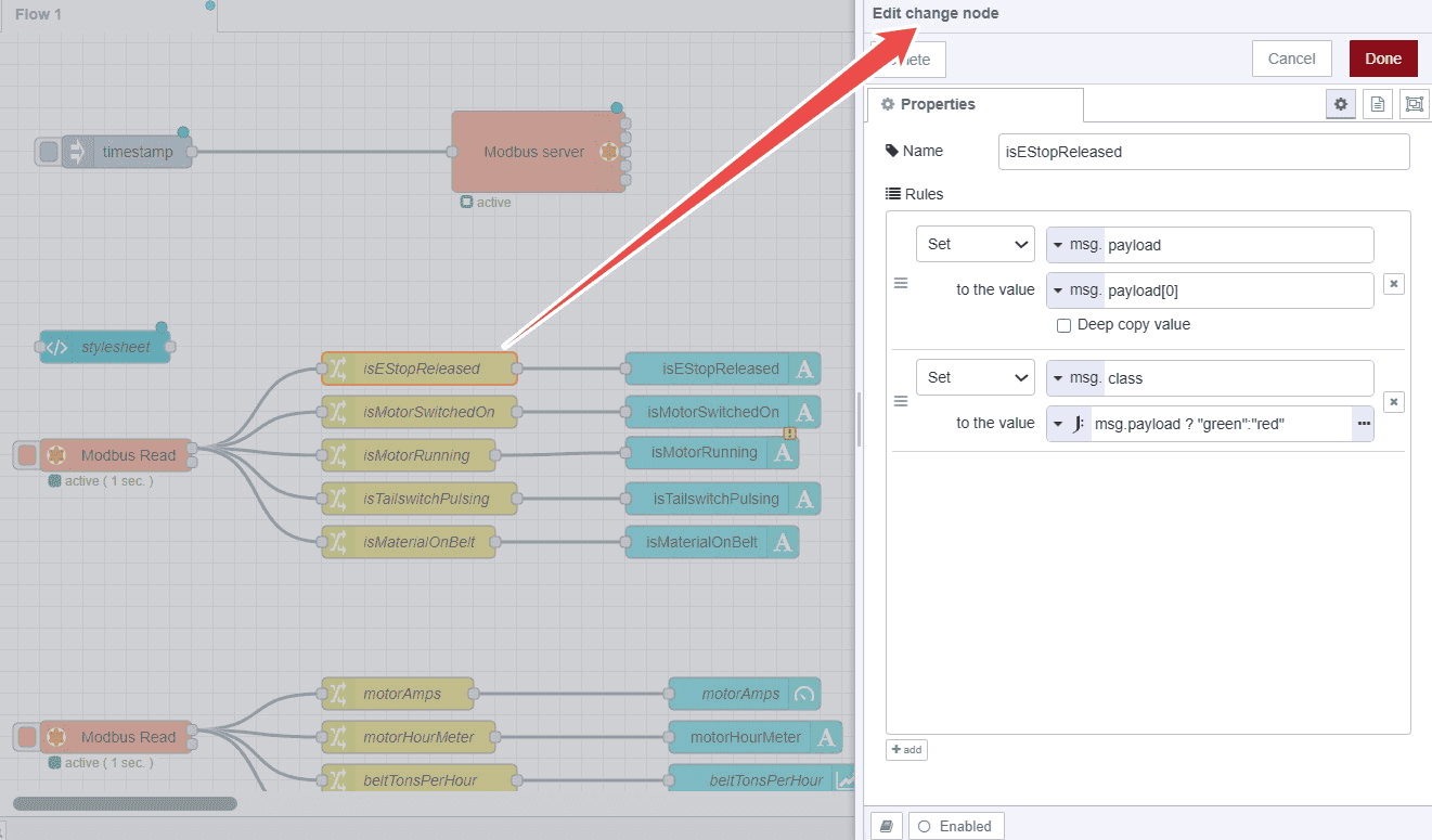 Image showing change node config for retrieving and setting data from an array read from Modbus. Image showing change node config for retrieving and setting data from an array read from Modbus.